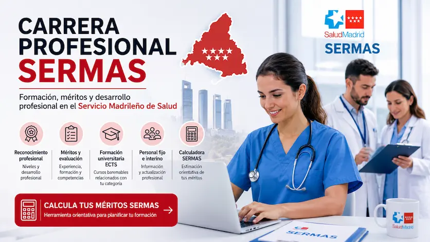 Profesionales sanitarios revisando formación y méritos para carrera profesional SERMAS