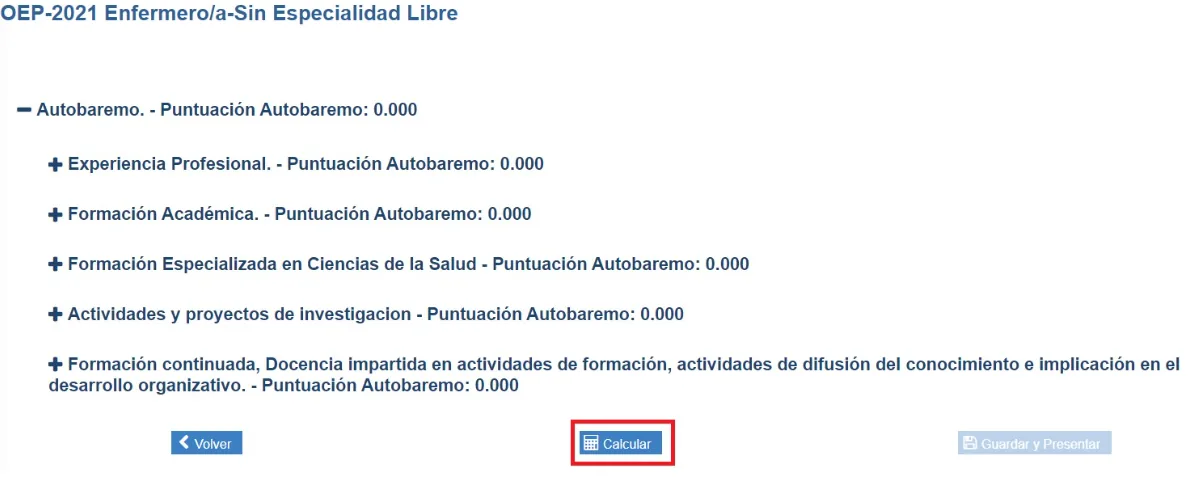 Solicitud de autobaremo en la VEC con los apartados del baremo y el botón Calcular