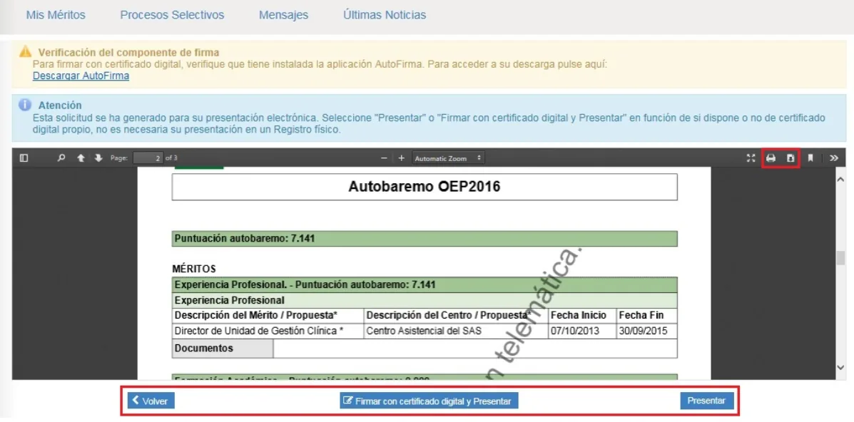 Vista previa del autobaremo en PDF en la VEC con los botones Firmar con certificado digital y Presentar, y Presentar