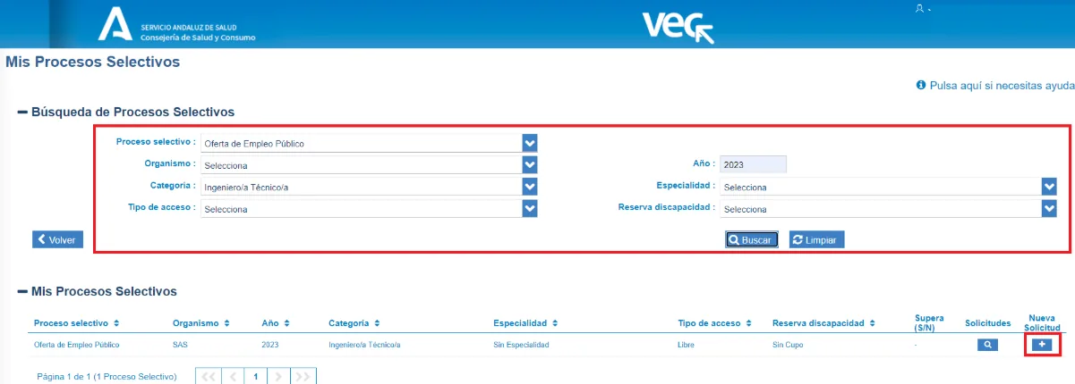 Buscador de Mis Procesos Selectivos en la VEC del SAS con el botón Nueva Solicitud
