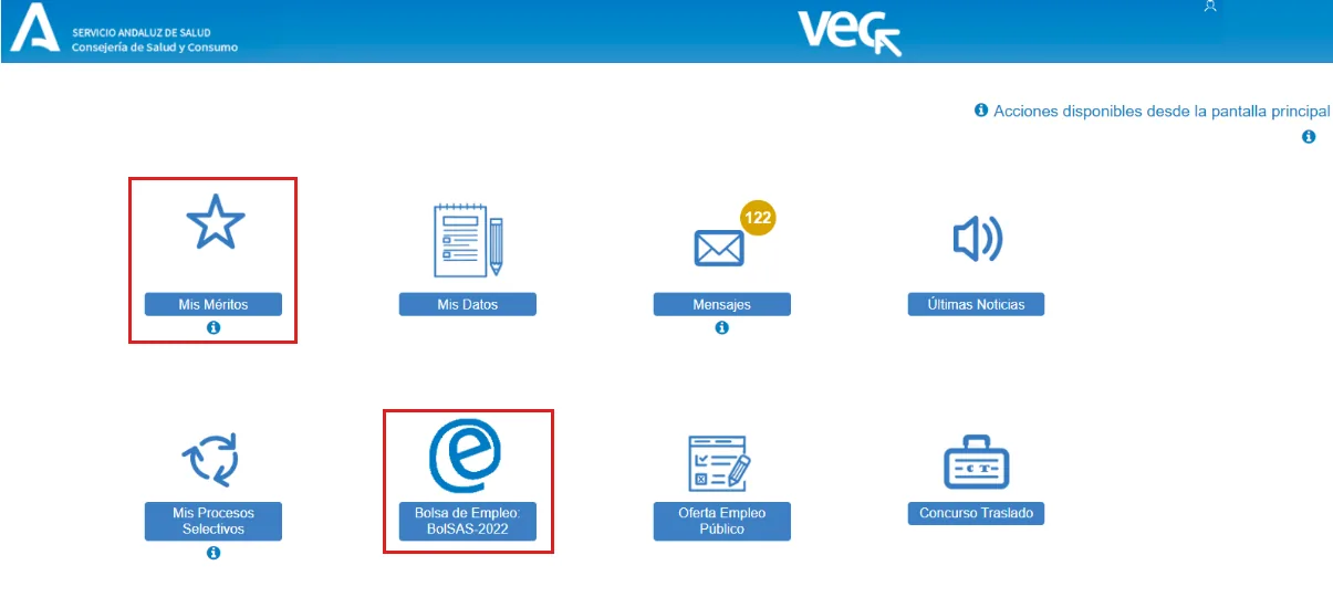 Pantalla principal de la VEC del SAS con los accesos Mis Méritos y Bolsa de Empleo marcados