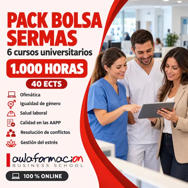 Pack Bolsa SERMAS de 1.000 horas y 40 ECTS con seis cursos universitarios de Aulaformación